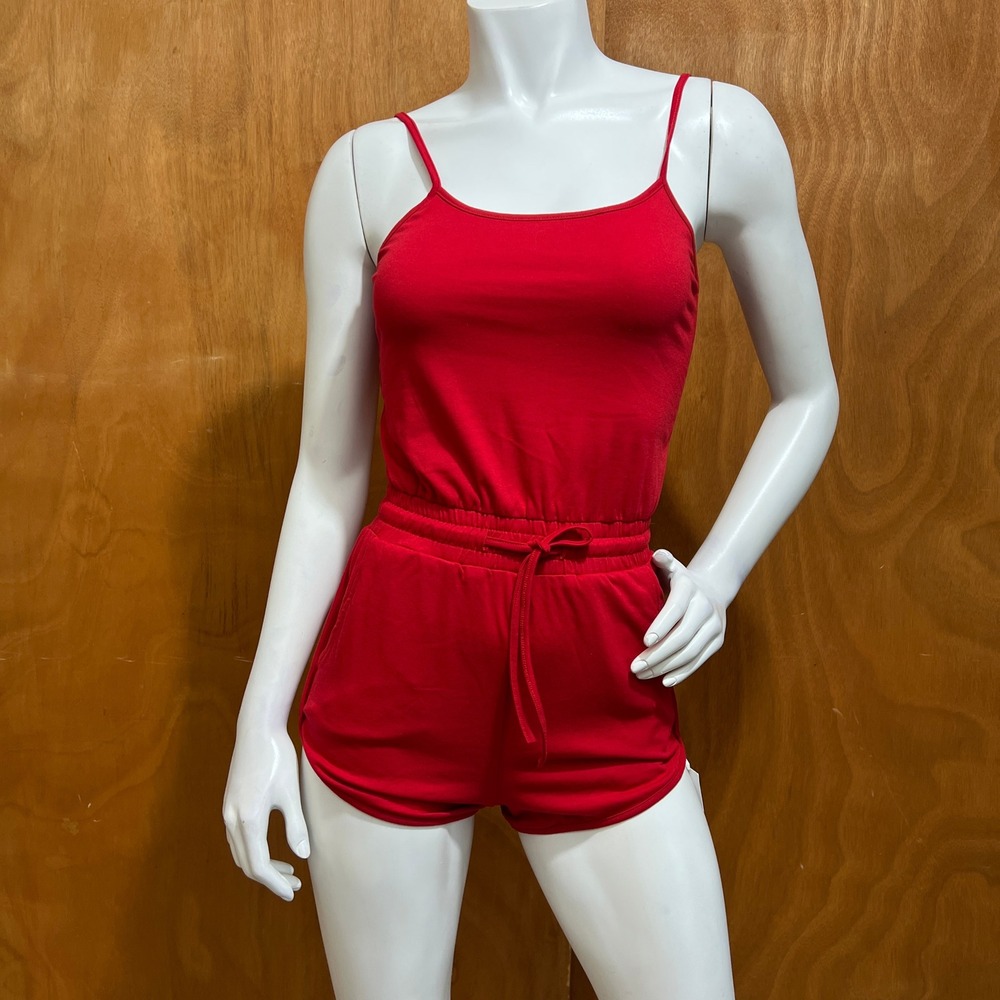 LuFeng Red Romper Juniors Size S Camisole Straps Elastic Drawstring Waist Pocket